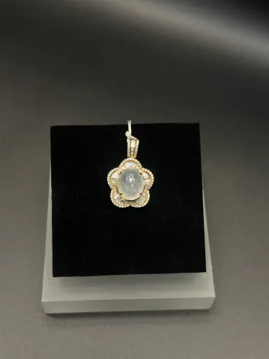 鑽石圍邊18k玫瑰金玻璃蛋面花吊咀